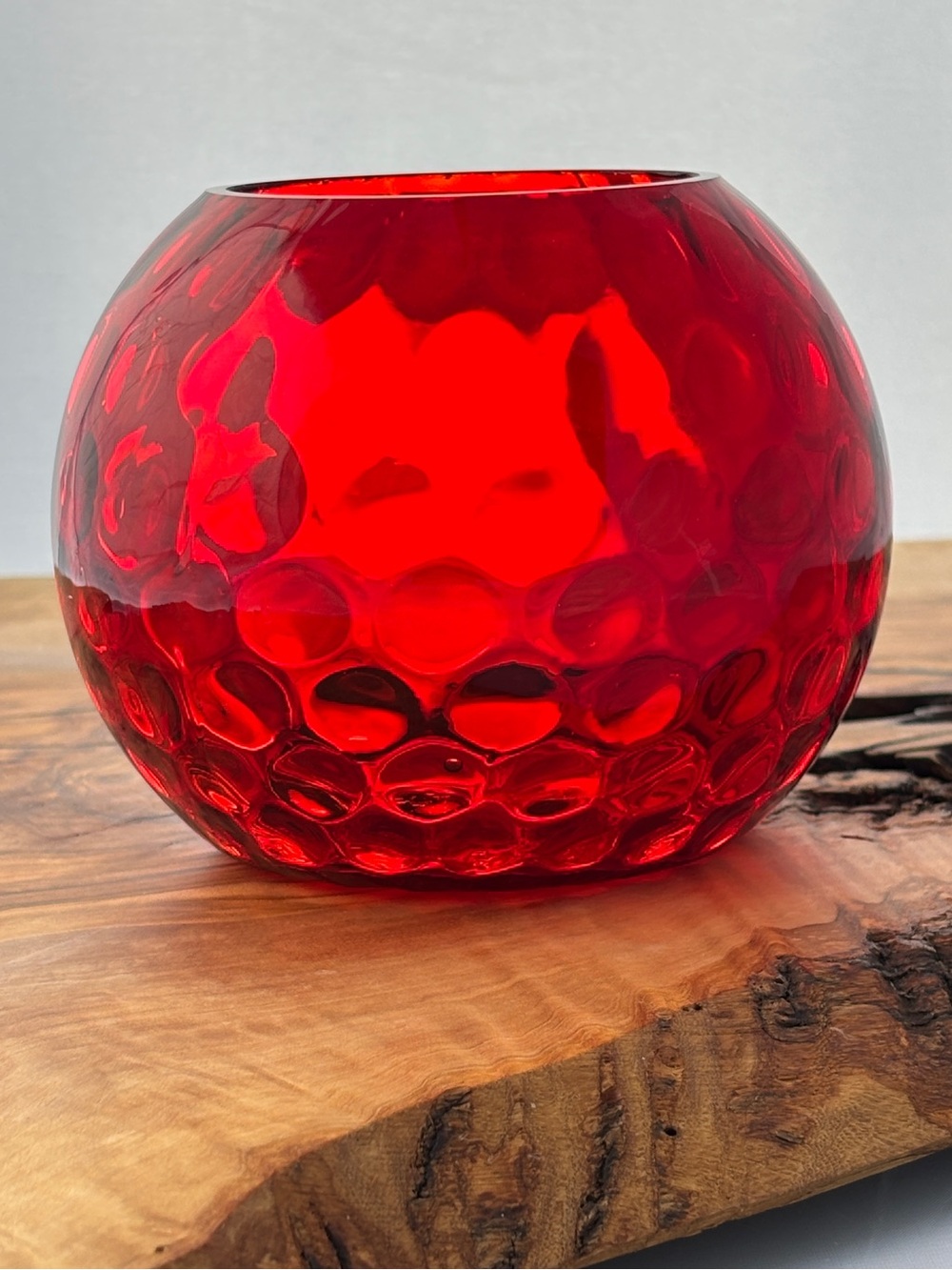 Vintage Unmarked Ruby Red Handblown Glass Coin Dot Bowl/Vase UV Reactive